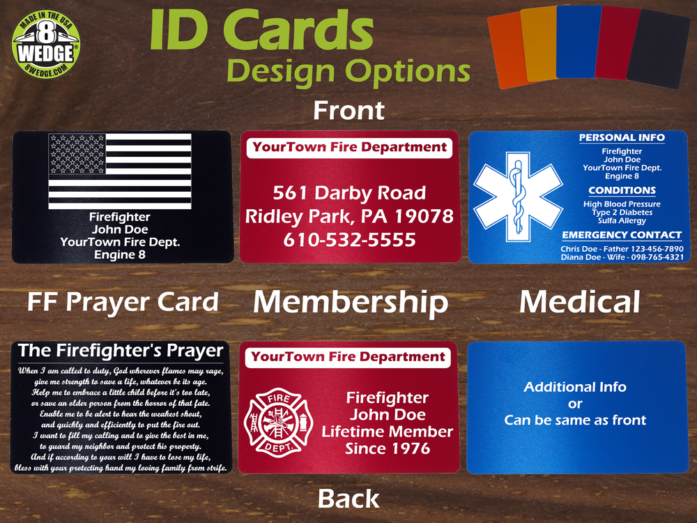 Membership ID, Medical ID & Firefighter's Prayer aluminum cards in